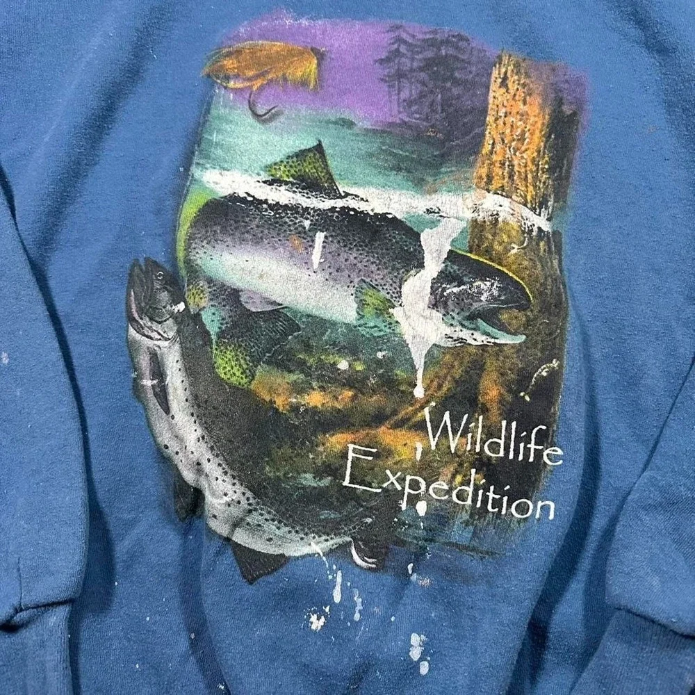 Vintage 90s wildlife expedition trout graphic paint distressed sweatshirt - Picture 2 of 7